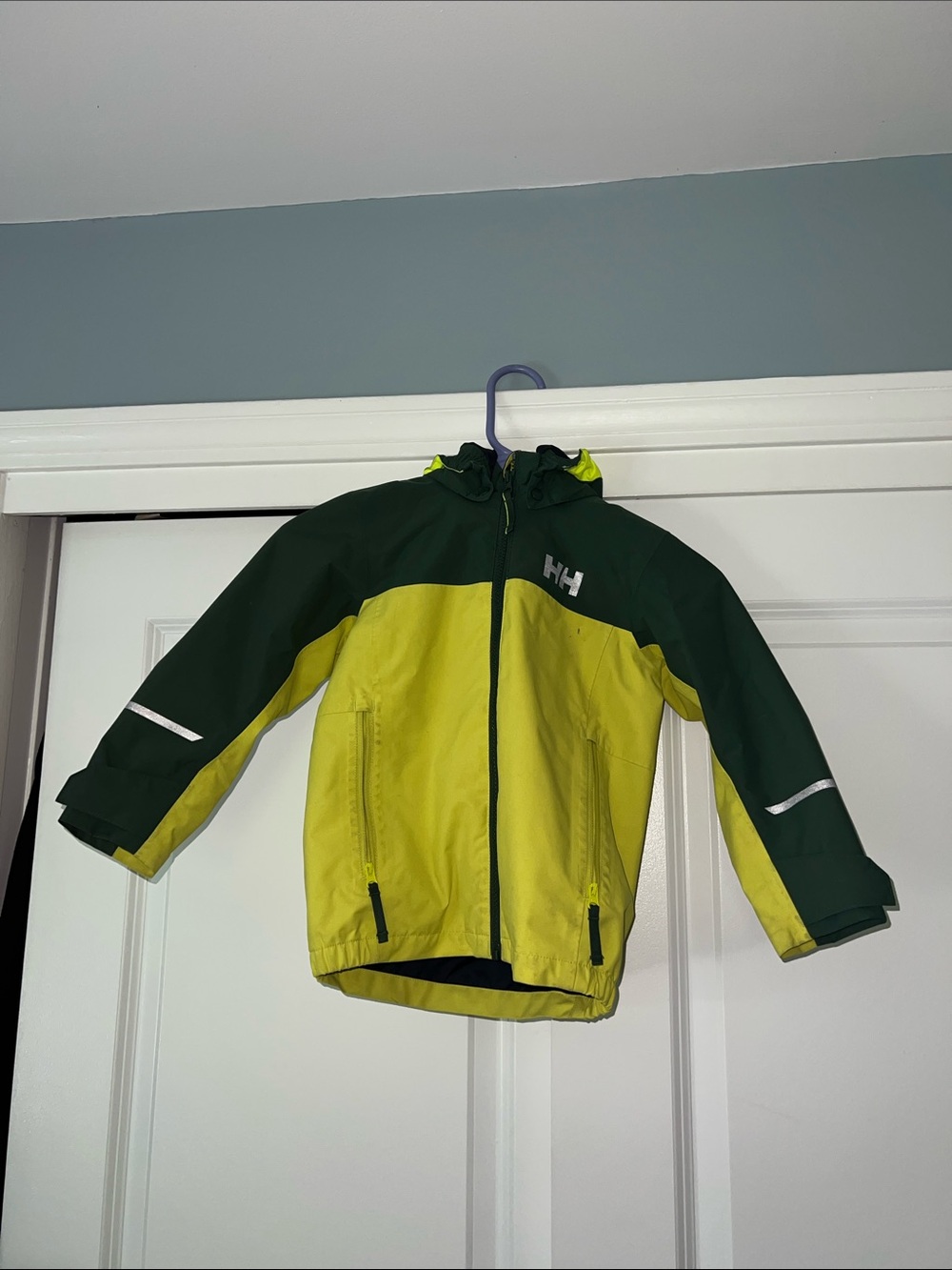 Helly Hansen Kids Two-Tone Yellow and Dark Green Hooded Rain Jacket